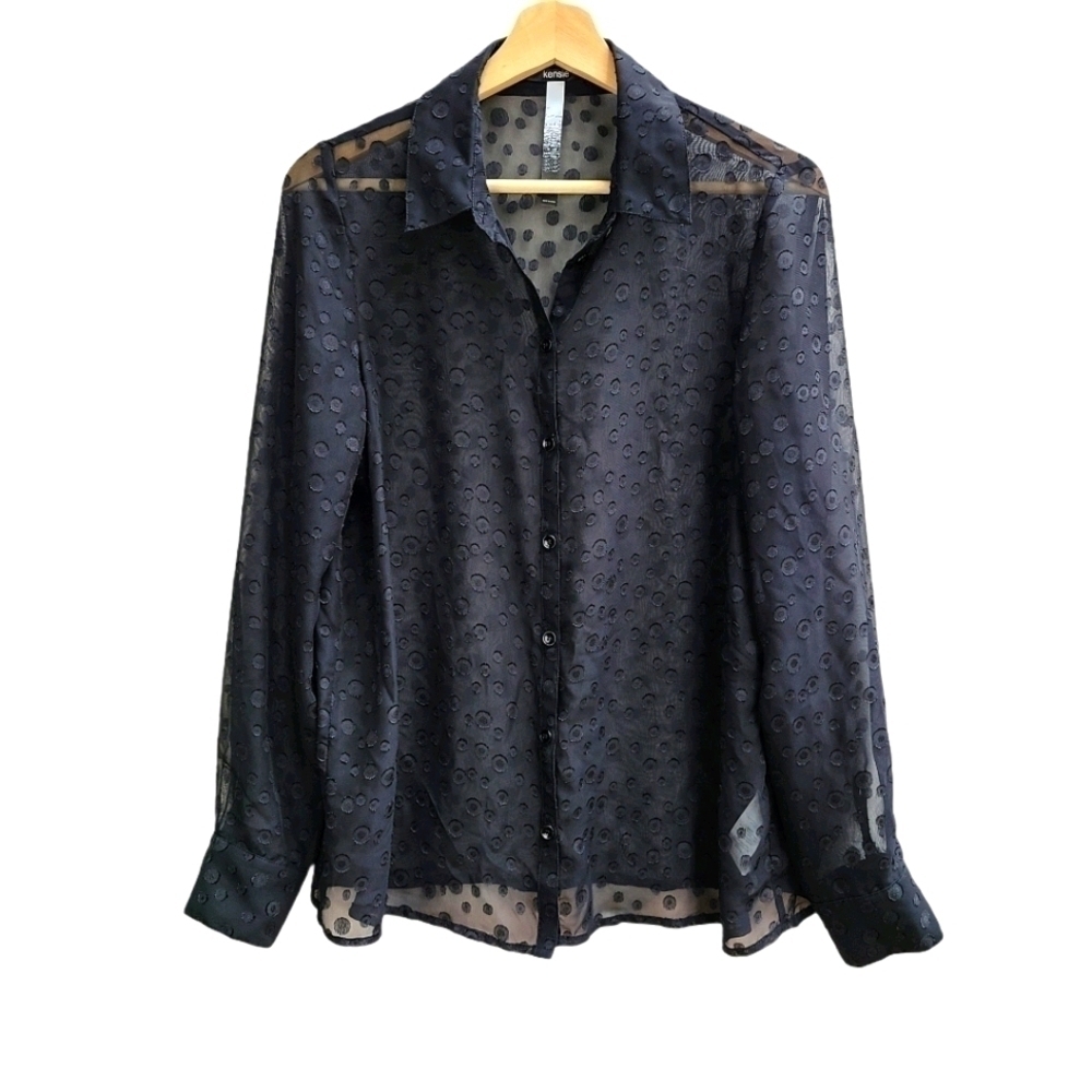 Kensie Sheer Black Swiss Dot Button Down Blouse Long Sleeve Oversize Size Medium